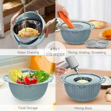 4-1 Strainer Bowl With Lid Set - Strainers And Colanders - Colanders For Kitchen - Food Strainer With Graters & Spoons - Fruit Washing Bowl With Colander Pasta Rice Strainer For Veggie Wash - Blue - Blue and White - View 2