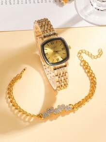 2 pièces/Set Montre femme rétro classique avec chiffres romains, boîtier carré, bracelet en paille de blé, ensemble montre mode et bracelet décoré d'un cœur, sans boîte cadeau