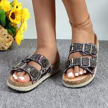 Womens Slides With Cork Footbed Open Toe Adjustable Webbing Flat Sandals For Walking | Beach | Indoor POWDER-03 - 黑色 - 查看 3