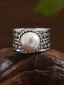 1 件波西米亚风复古银色仿珍珠女士戒指，适合婚礼订婚承诺、日常佩戴