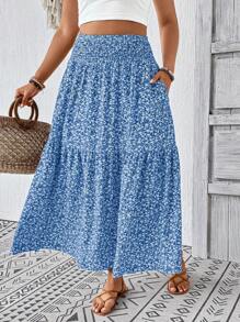 Plus Size Fall Blue Ditsy Floral Long Skirt For Women