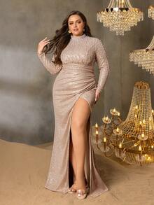 Faeriesty Curve Plus Elegant Sequin Evening Gown With Long-Sleeve Mermaid Silhouette & Dramatic Side High Slit – Sophisticated Pearls Details For Luxury Academic Galas, Heritage Estate Banquets & Red Carpet Events - Champagne - View 5