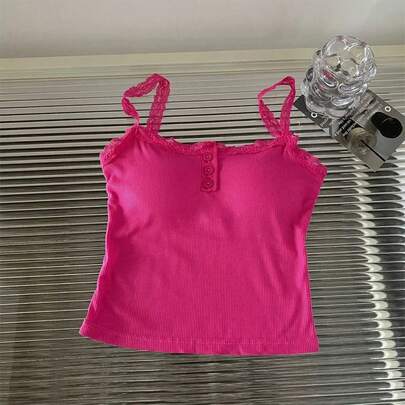 Camisola de retazos con tirantes de encaje para mujer, camiseta sin mangas con botones, Color sólido, Verano