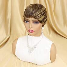 无胶短鲍勃精灵短发假发 - 真人发玫瑰网帽自然黑色，短发假发真人发精灵短发假发适合女性，无胶短鲍勃带刘海，万圣节，化装舞会全机器制造，玫瑰帽，中性风格适合作为女性礼物真人发精灵短发假发适合，中性风格适合个体适合所有种族，女士精灵短发假发