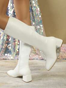 女式白色方头高筒靴，修身马靴，秋冬粗跟高筒靴 - 白色 - 查看 5