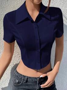 Navy Blue Short Sleeve Shirt With Cutout Waist, Minimalist Design, Sexy And Fashionable, Summer