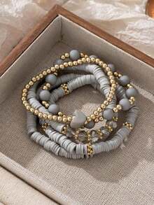 5pcs/Set Elegant Gray Soft Ceramic Heart Bead Multi-Layer Bracelet Set, Artificial Crystal Elastic Bracelet, Suitable For Ladies Daily Wear, Dating, Party, Mother's Day, Friendship Bracelet - 彩色 - 查看 5