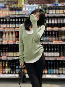 Autumn/Winter V-Neck Asymmetrical Knitted Sweater Top, Leisure Casual Undershirt For Women - Green - View 2