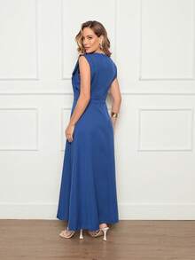 Long Plain Dress For Social Wedding In Tailored Fabric, Sleeveless Elegant - Xanh đậm - Xem 3