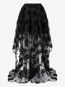 Women's Renaissance Victoria Long Maxi Skirt Halloween Costume Ruffle High Low Asymmetrical Skirt - 黑色 - 查看 4