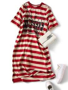Vestido de las mujeres verano suelto rayas finas impreso vestido camiseta de longitud media vestido de manga corta marea - Rojo - Ver 5