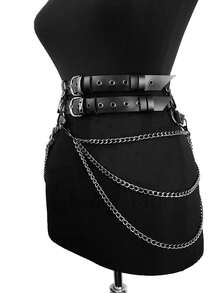 女士黑色性感 PU 皮革紧身胸衣腰带，带链条装饰，哥特式时尚配饰，适合狂欢 - 黑色 - 查看 5