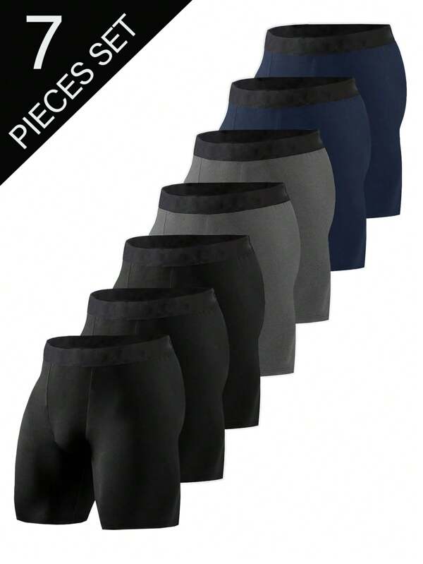 7pcs Men's Solid Color Long Underwear Men, Casual Elastic Boxer Shorts, Comfortable Elastic Boxer Shorts, Sports Shorts,Men's Casual Underwear For Daily Wear,Lingerie Set,Boxers For Men
