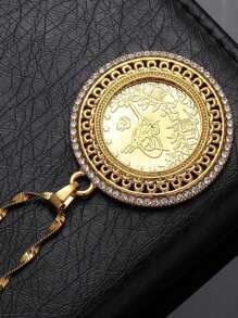 1pc 60cm 18k Gold Plated Stainless Steel Wave Chain With Dazzling Crystal-Encrusted Golden Coin Pendant. Elegant Gift For Muslim, Middle Eastern, Engagement, Wedding, Mother's Day