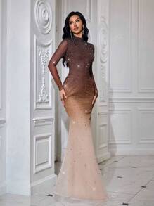 QOQ Vestido de noche largo de gala de lujo con mangas largas, cuello alto, pedrería, diseño de cola de sirena y borde de rhinestones para bodas, eventos de verano y cócteles
