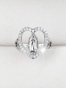 1pc Fashion Virgin Mary Heart Shaped Design Cubic Zirconia Adjustable Ring For Women