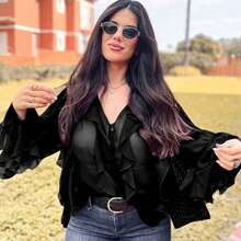 女士春季优雅V领衬衫女士宽松单排扣长袖层叠装饰衬衫 - 黑色 - 查看 2