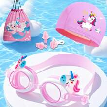 1 Set Cartoon Design Swimming Goggles, Beach Bag, Nose Clip, Ear Plugs, Swim Cap, Swimming Accessories Set