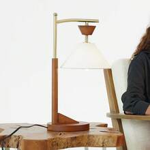 MERAX Bedside Bedroom Nightstand Desk Lamp Bedroom Study Lamps Wood Creative Lights Led Eye Protection Reading Living Room, Brown Solid Wood Base With Elegant Cone Linen Shade 110V - 查看 1