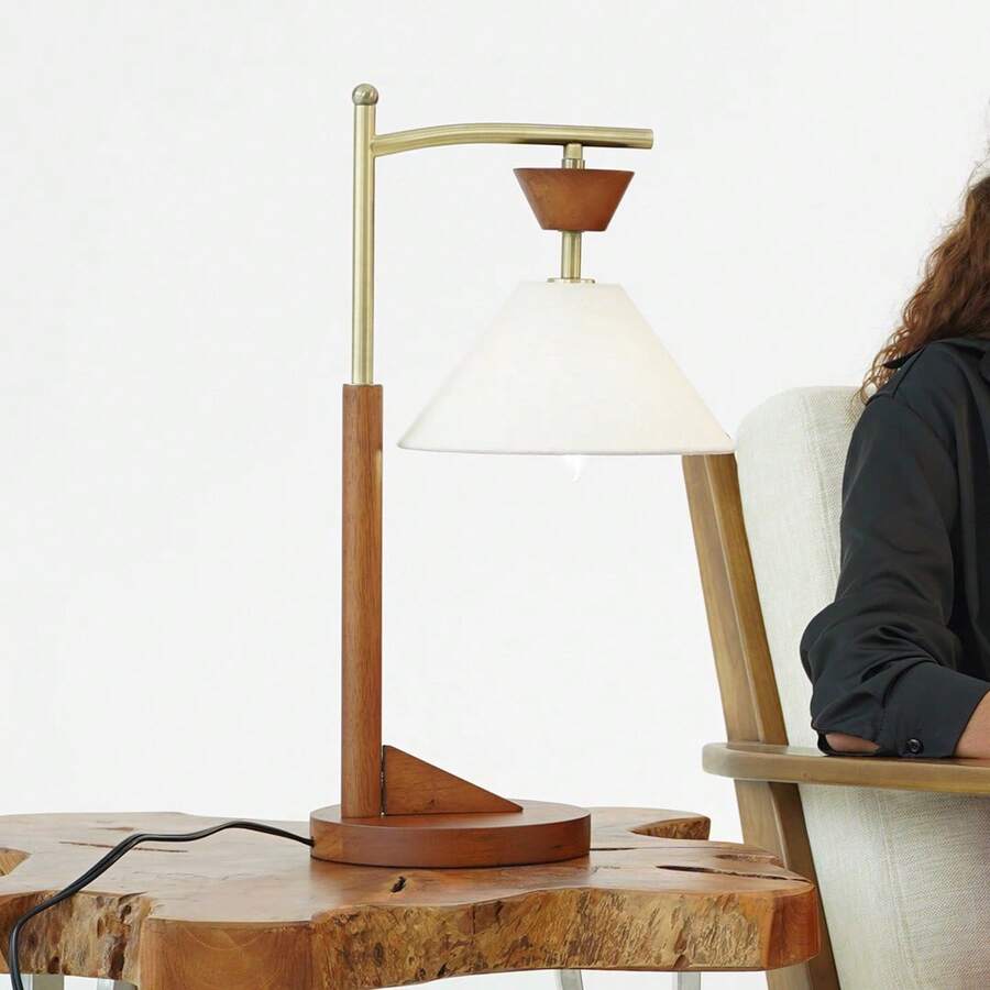 MERAX Bedside Bedroom Nightstand Desk Lamp Bedroom Study Lamps Wood Creative Lights Led Eye Protection Reading Living Room, Brown Solid Wood Base With Elegant Cone Linen Shade 110V - 查看 1