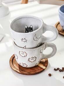 1 件可爱动物陶瓷杯，手绘云朵/花朵图案雕刻杯 - 适用于拿铁、早餐牛奶、创意卡布奇诺杯，是送给可爱风格爱好者的理想礼物 - 單杯 - 查看 9