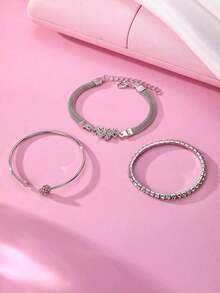 3pcs Luxury Simple Personalized Rhinestone Butterfly & Heart Design Stacking Bangle Bracelet Set For Women, Elegant - 銀色 - 查看 6