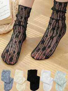 5 Packs Women Summer Ultra Thin Floral Transparent Ice Glass Filament Long Tube Korean Lace Medium Tube Crystal Socks Lolita Socks