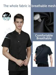 Uniforme de verano de manga corta para chef, diseño completamente transpirable de malla, agradable para la piel y sin sensación de ahogo, unisex, estilo clásico de solapa única, elegante y de moda, chaqueta de chef para catering, panadería, cocina de hotel, restaurante, cafetería, chaqueta de chef personalizada premium