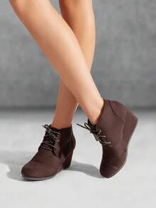 Women's Wedge Boots Casual Fashion Lace Up Low Heel Ankle Booties Shoes - 棕色 - 查看 2