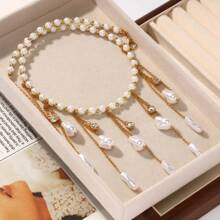 1pc New Bohemian Faux Pearl Chain Tassel Necklace, Personalized Seaside Resort Wear For Women (Shipped Without Box)
