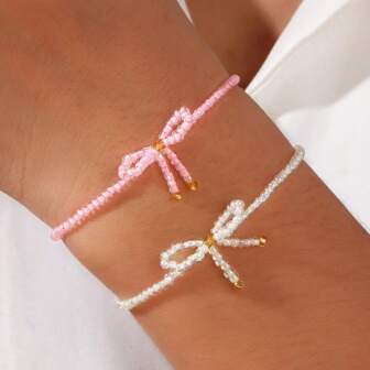1/2pcs Bohemian Beach Holiday Style Jewelry, Pink & White Beaded Braided Bow Stackable Stretch Bracelets, Lovely Friendship Jewelry Gift For Women & Girls