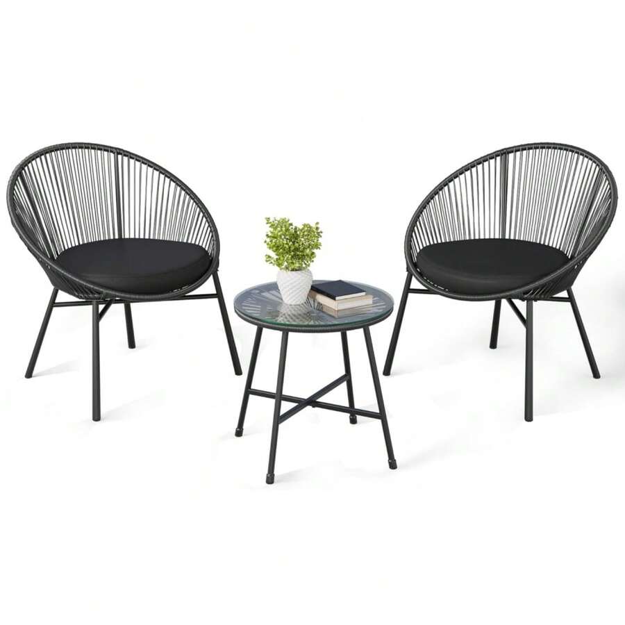 3 Pieces Outdoor Acapulco Chair Patio Bistro Set, All-Weather Patio Conversation Bistro Set With Glass Top Table  2 Chairs W/ Soft Cushion, Outdoor Rattan Patio Furniture Set For Balcony, Pool, Garden - Black - View 1