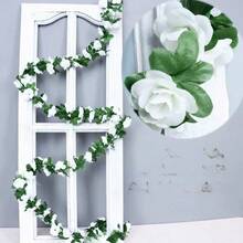 1pc 1.8m / 2.2m Artificial Eucalyptus Flower Garland, With Flowers, 6 /10 White Rose Vine Flower Garland, Home Decoration, Artificial Vine, Green Plant Flower Garland, Wedding Party Center Decoration, Table Decoration, Pipe Decoration - White - View 14