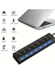 7 端口/4 端口 USB 2.0 集线器适配器带 LED 灯，独立电源开/关开关，适用于电脑、平板电脑、笔记本电脑 [仅支持数据传输，不支持充电] - 彩色 - 查看 10