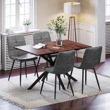 Extendable Dining Table And Chairs Set 4, 120-160cm Wood Grain Table With 4 Grey Upholstered PU Leather Chairs For Dining Room, Kitchen - Wood Grain Dining Table + 4 PU Grey Chairs - View 1