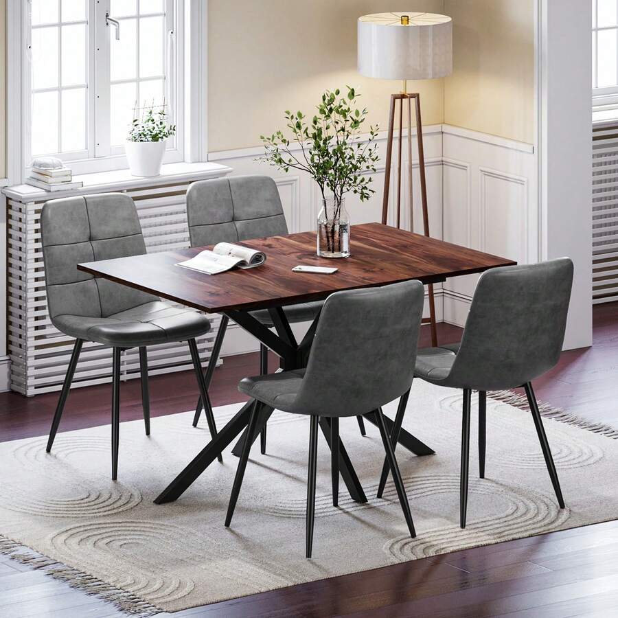 Extendable Dining Table And Chairs Set 4, 120-160cm Wood Grain Table With 4 Grey Upholstered PU Leather Chairs For Dining Room, Kitchen - Wood Grain Dining Table + 4 PU Grey Chairs - View 1