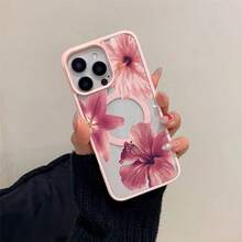 Dusty Pink Lilies Hibiscus Flowers Bloom-Pastel Magnetic Phone Case For IPhone 16/15/14/13/12/11/X/XS -Slim TPU Shockproof Cover,Anti-Slip & Scratch-Resistant, Summer Gift Idea - Grey - View 1