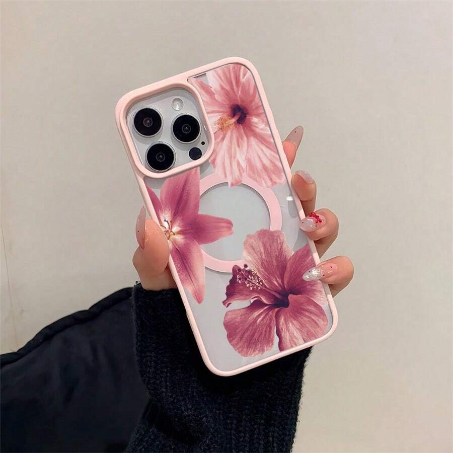 Dusty Pink Lilies Hibiscus Flowers Bloom-Pastel Magnetic Phone Case For IPhone 16/15/14/13/12/11/X/XS -Slim TPU Shockproof Cover,Anti-Slip & Scratch-Resistant, Summer Gift Idea - Grey - View 1