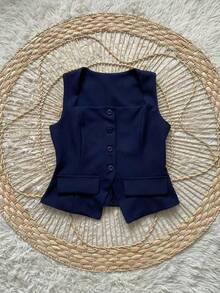 Formal Set Wide Leg Pants High Waist Pockets Tailoring Vest Buttons Simple Elegant Casual Pocket Zipper - Màu xanh hải quân - Xem 4