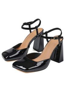 Mule Heel Sandals For Women Ankle Strap Square Toe Heels Elegant Summer Slingback Chunky Heels - 黑色 - 查看 3