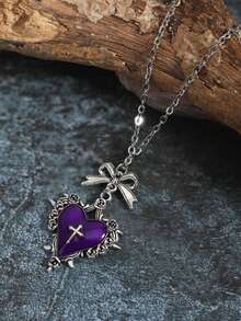 Gothic Y2K Subculture Purple Heart Bow Thorn Pendant Necklace, Unique Design Collarbone Necklace - Purple - View 1