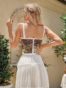 Womens Vintage 1920s Renaissance Lace Trim Corset Bustier, Retro Fashion - Floral - View 4