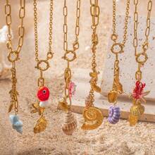 1/Pc Summer Sea Crab Conch Fish Statement Stainless Steel 18K Gold Plated Pendant Ocean Series Necklace For Women
