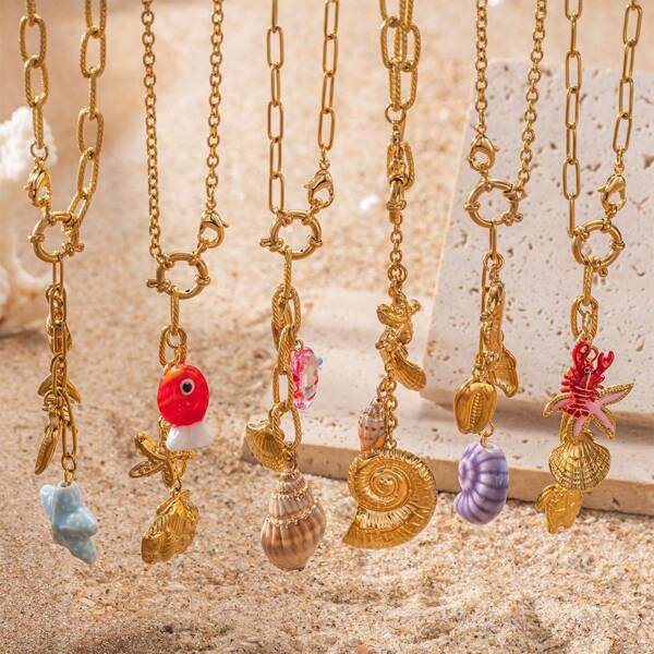 1/Pc Summer Sea Crab Conch Fish Statement Stainless Steel 18K Gold Plated Pendant Ocean Series Necklace For Women