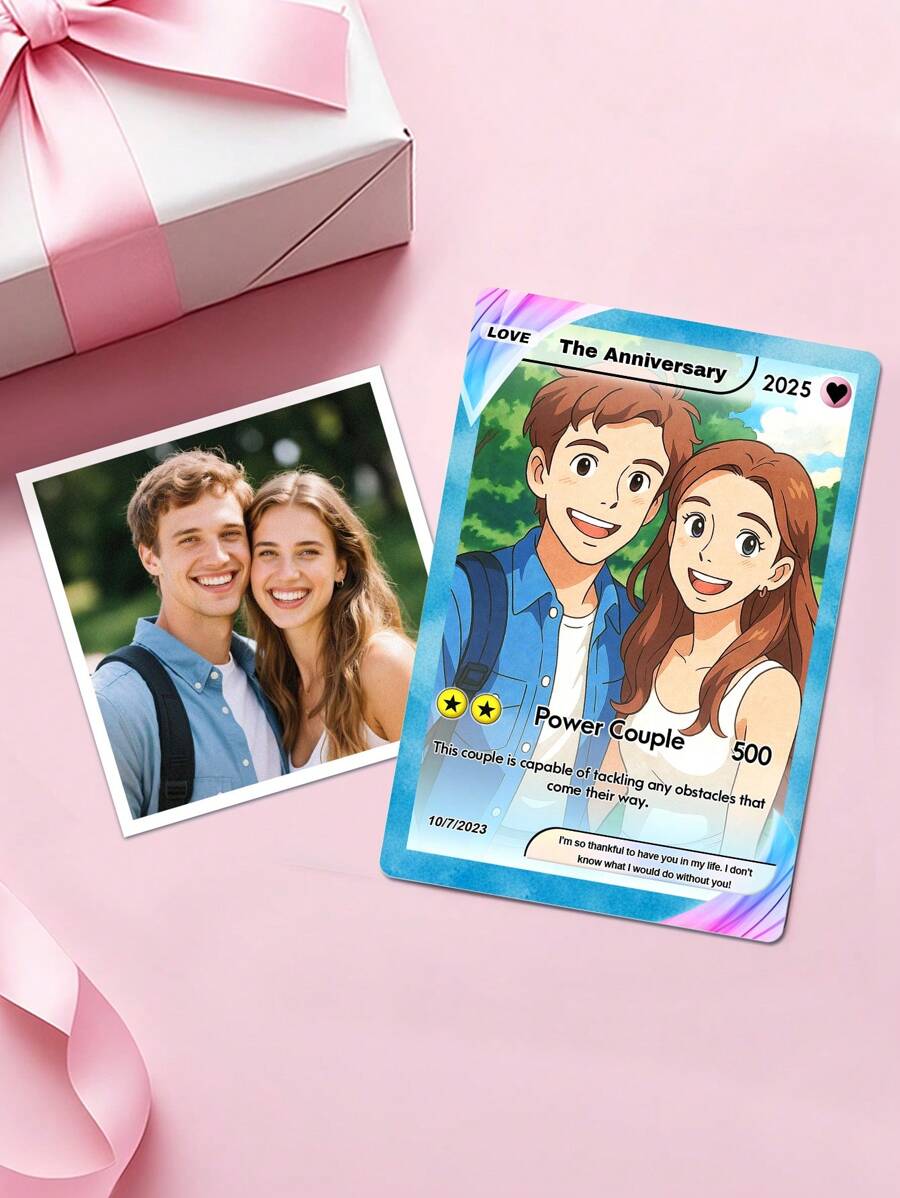 1pc Custom Photo Illustration Card Personalized PVC Card With Custom Text AI Generated Cartoon Style Designed From Your Photo Unique Anniversary Gift For Couples Friends Family Birthday Valentine's Day Gift Customizable Caption Date And Message Durable PVC Material Creative Photo To Art Card