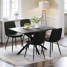 Concrete Effect Dining Table +Set Of 4 Linen Black Chairs