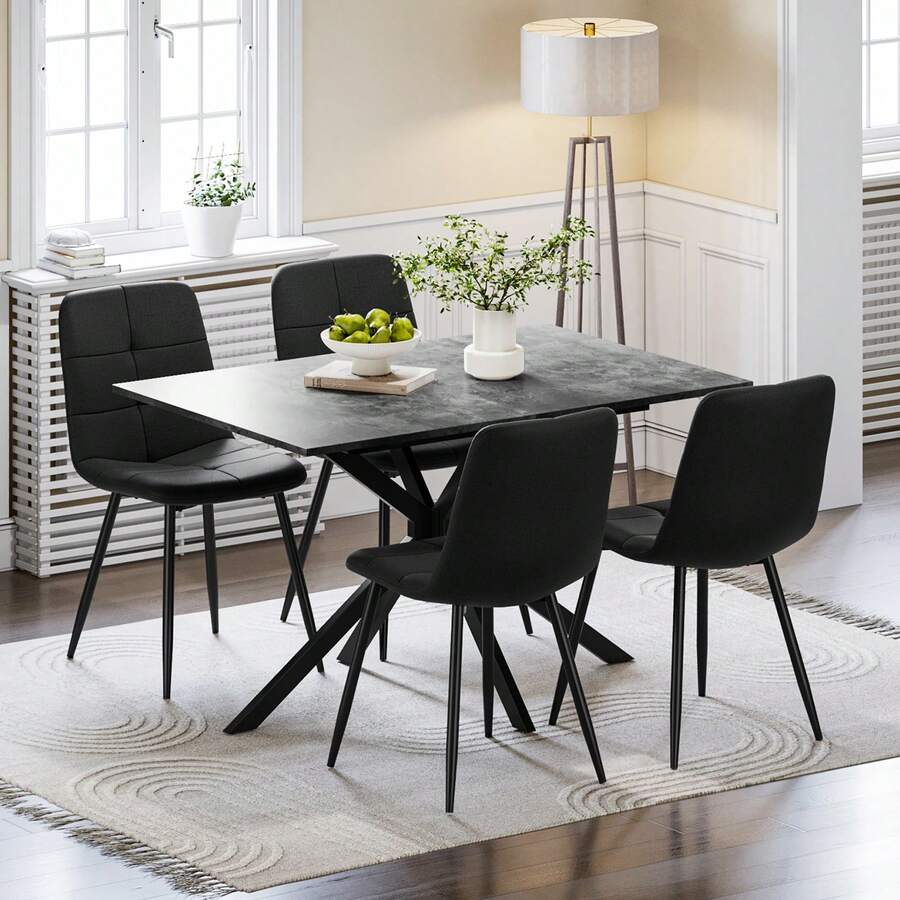 Extendable Dining Table And Chairs Set 4, 120-160cm Concrete Effect Table With 4 Black Upholstered Linen Chairs For Dining Room, Kitchen - Mesa de comedor con efecto hormigón + juego de 4 sillas de lino negro - Ver 1