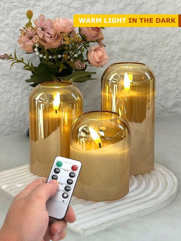 3-Piece LED Flameless Candle Light With Timer/Remote Control Function, Battery Powered, Prayer Candle Light, Flameless And Odorless Candle Light, High-End Curved Lampshade, Suitable For Home, Bedroom, Wedding, Restaurant, Garden, Proposal, Christmas, Halloween