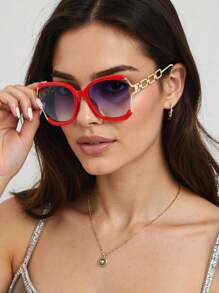 New Fashion Metal Vintage Oversized Frame Chain Decor Fashion Glasses, Versatile High-End Street Style, Suitable For Party, Holiday, Daily Casual, Beach, Outdoor Travel, Office, Stylish And Elegant