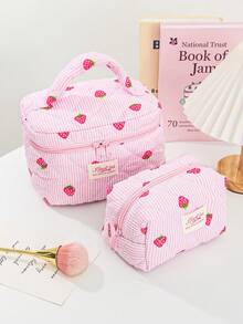 1 Piece/Set Children's Cute Pink Foam Quilted Cosmetics Bag Lovely Strawberry Pattern Makeup Bag Set Girly Toiletries Storage Bag With Zipper Pink Strip Print Make Up Bag Large Capacity Cosmetics Organizer Bag